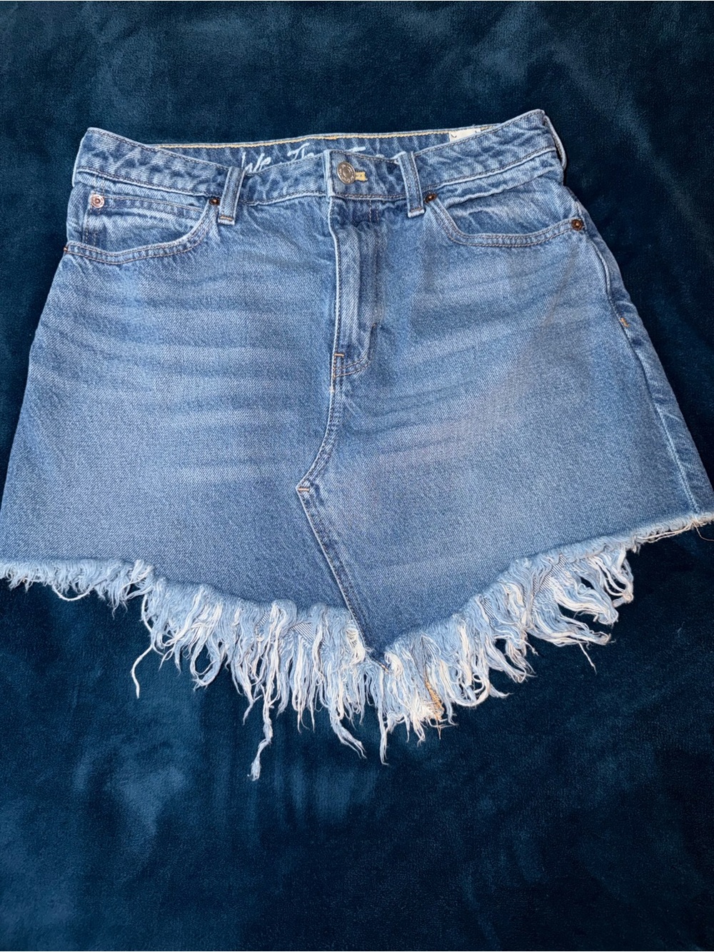 We The Free Light Blue Asymmetrical Frayed Denim Mini Skirt Bailey